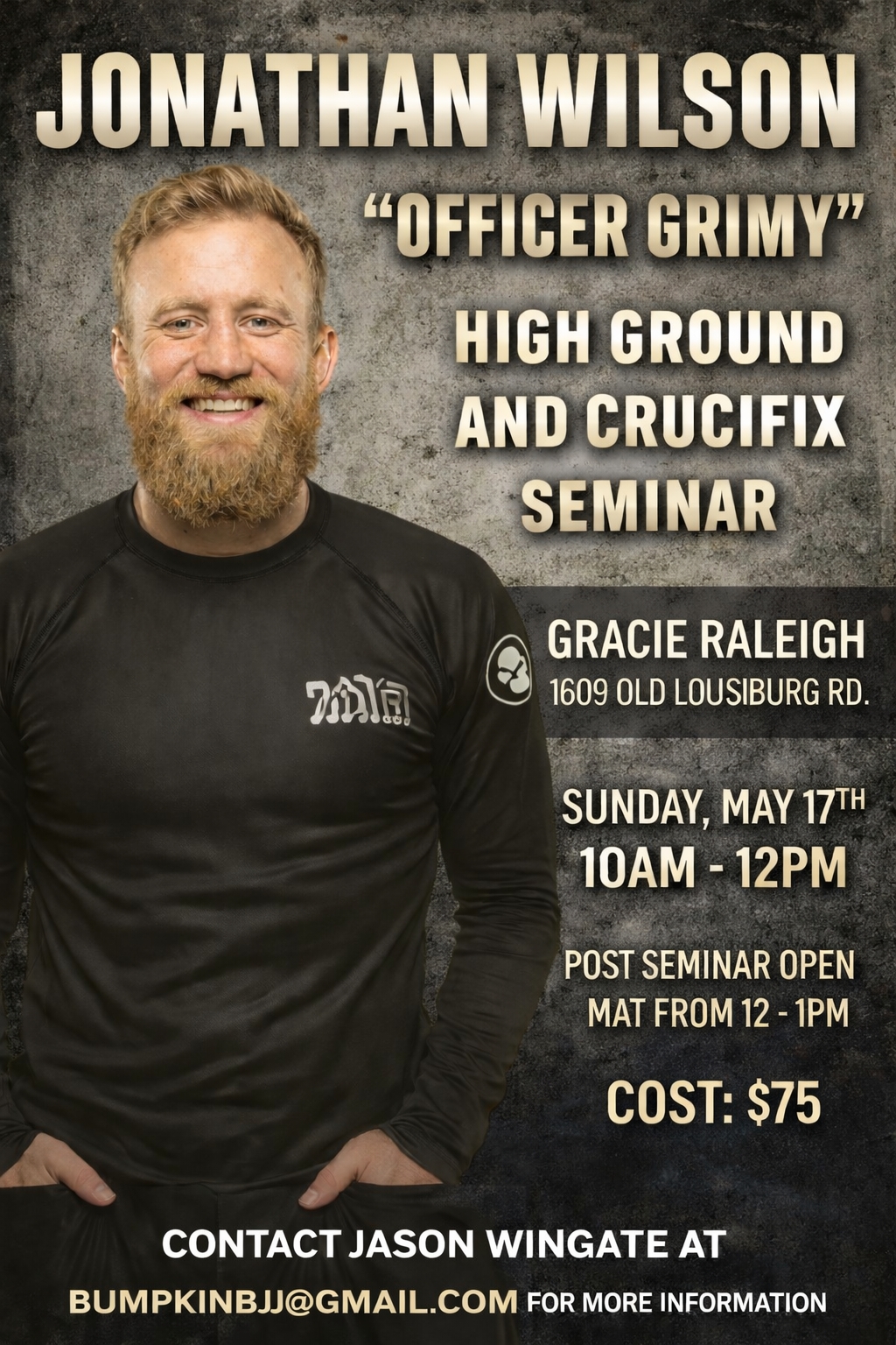 Officer Grimy "High Ground and Crucifix" seminar poster — Gracie Raleigh, Sunday May 17, 2026